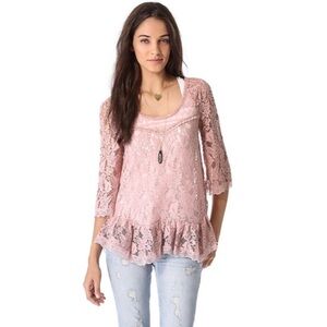 Free People Scallop Pink Lace Bell Sleeve Top